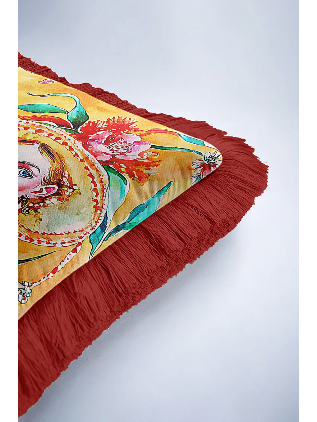 Karışık Sanatsal Vahşi Doğa Saçaklı Yastık Kılıfı - Egzotik Bohem Canlı Sarı Kırmızı Püsküllü Kırlent Kılıfı-6