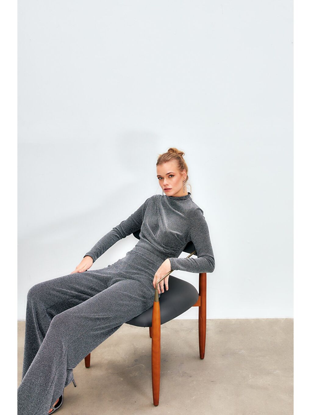 Simli Bol Paça Pantolon - Gri-2