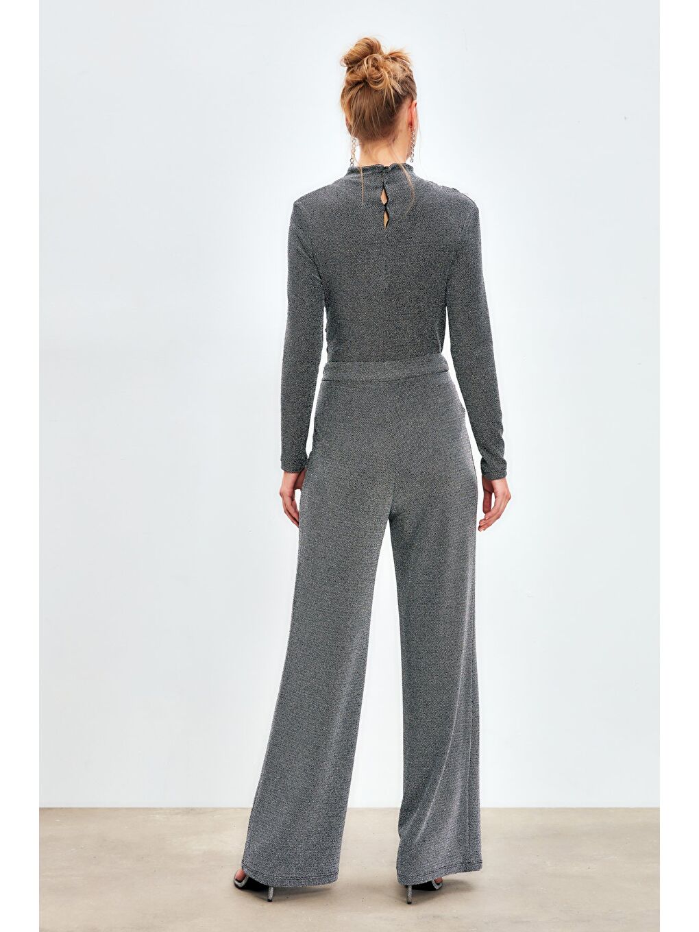 Simli Bol Paça Pantolon - Gri-3