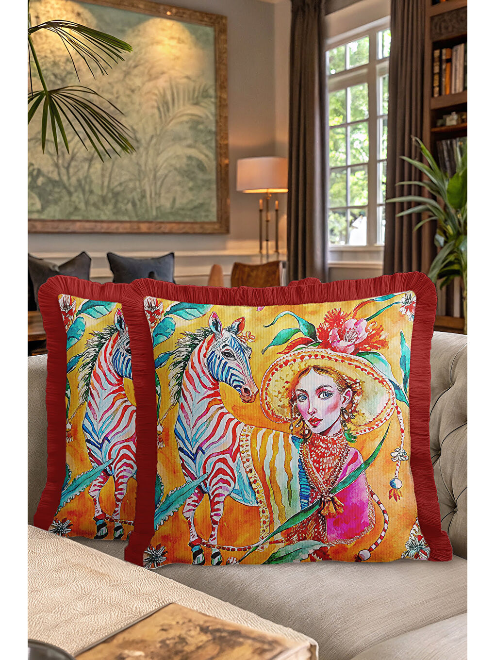 Karışık Sanatsal Vahşi Doğa Saçaklı Yastık Kılıfı - Egzotik Bohem Canlı Sarı Kırmızı Püsküllü Kırlent Kılıfı-7