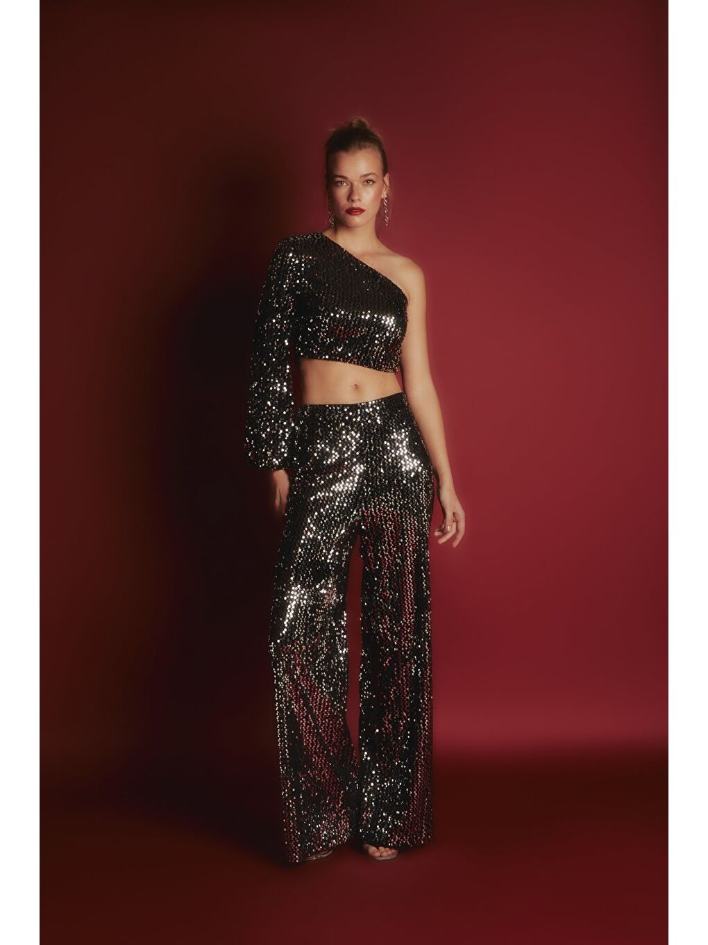 Gri Bol Paça Payetli Pantolon - Gümüş