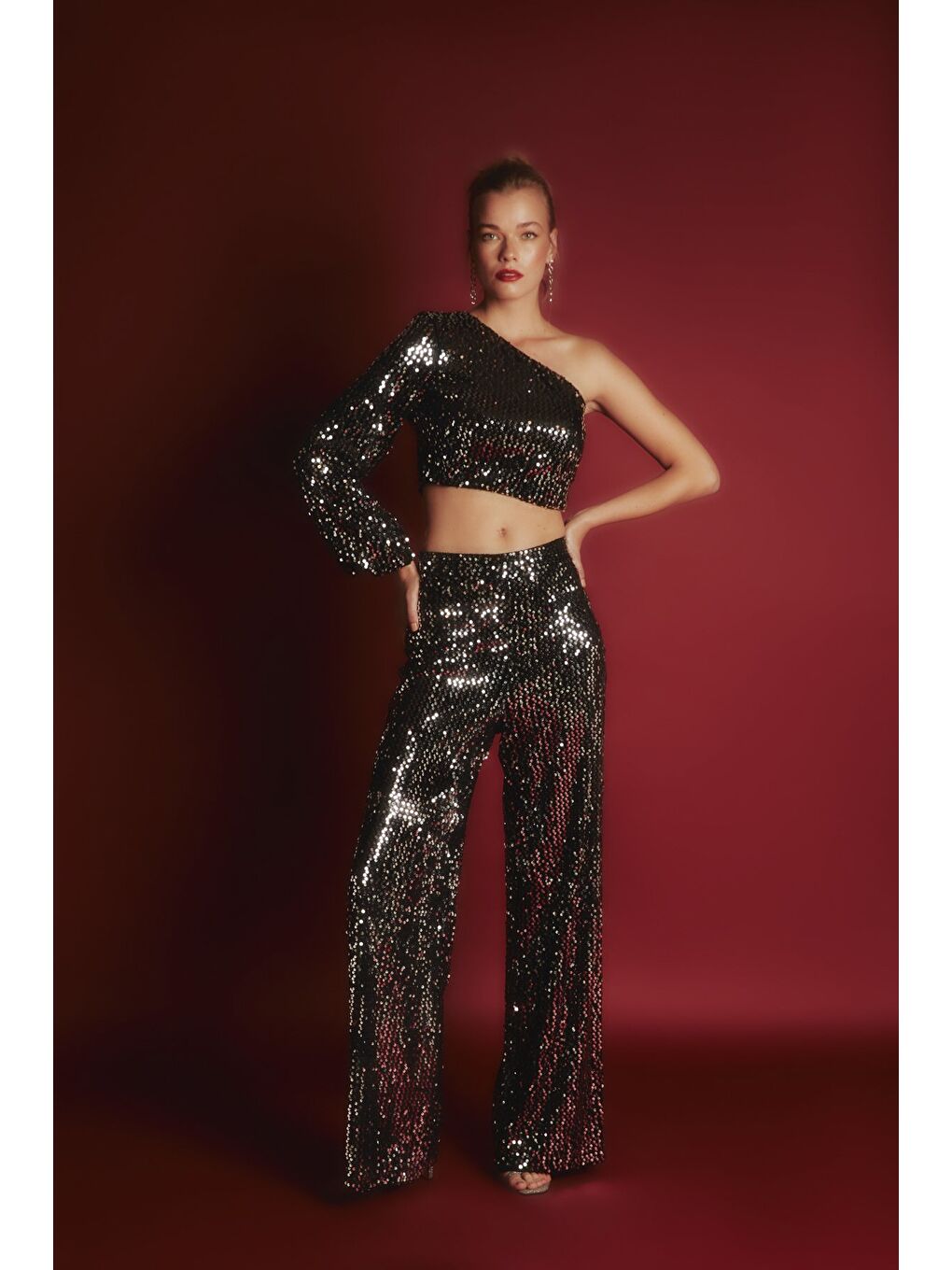 Gri Bol Paça Payetli Pantolon - Gümüş-1