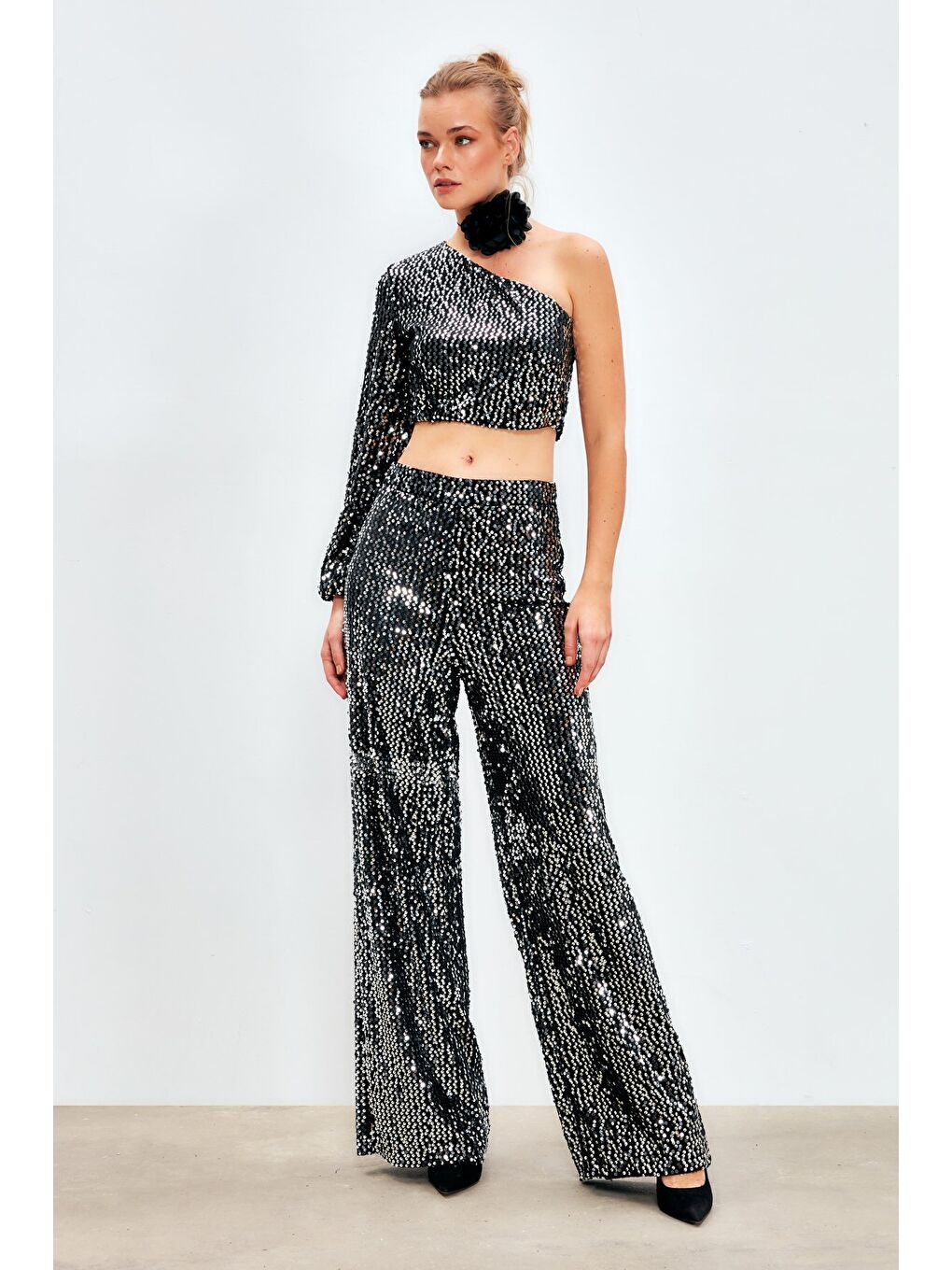 Gri Bol Paça Payetli Pantolon - Gümüş-3