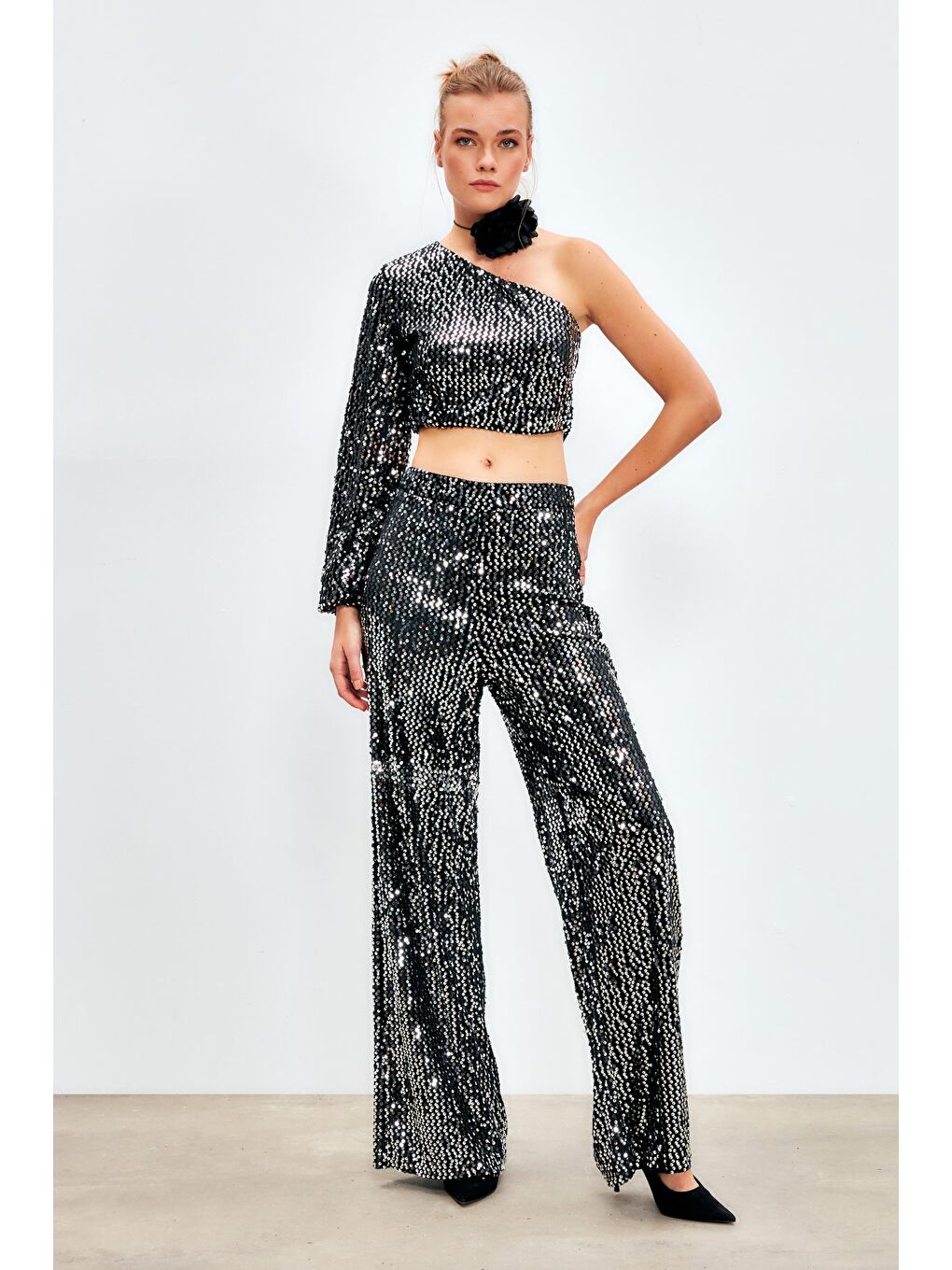 Gri Bol Paça Payetli Pantolon - Gümüş-4