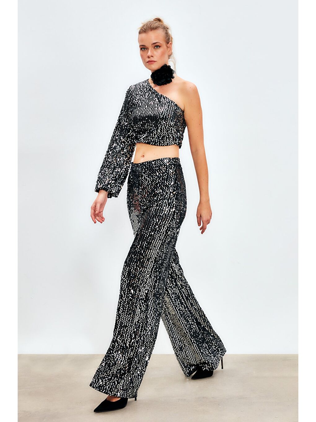 Gri Bol Paça Payetli Pantolon - Gümüş-5