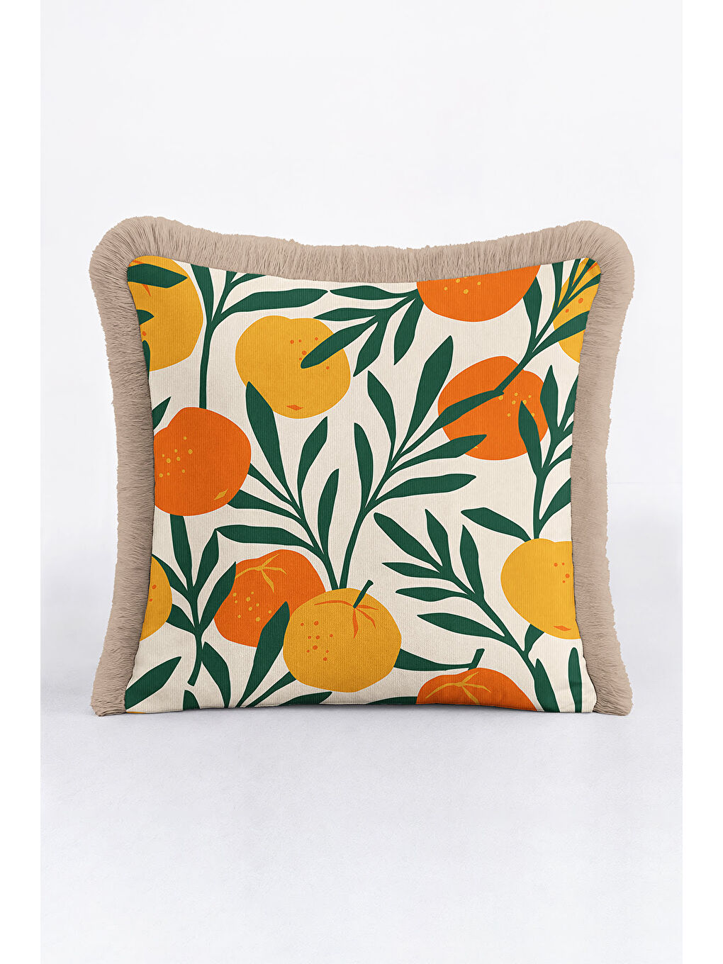 Karışık Tropikal Meyve Bahçesi Saçaklı Yastık Kılıfı - Akdeniz Bohem Turuncu Bej Püsküllü Kırlent Kılıfı