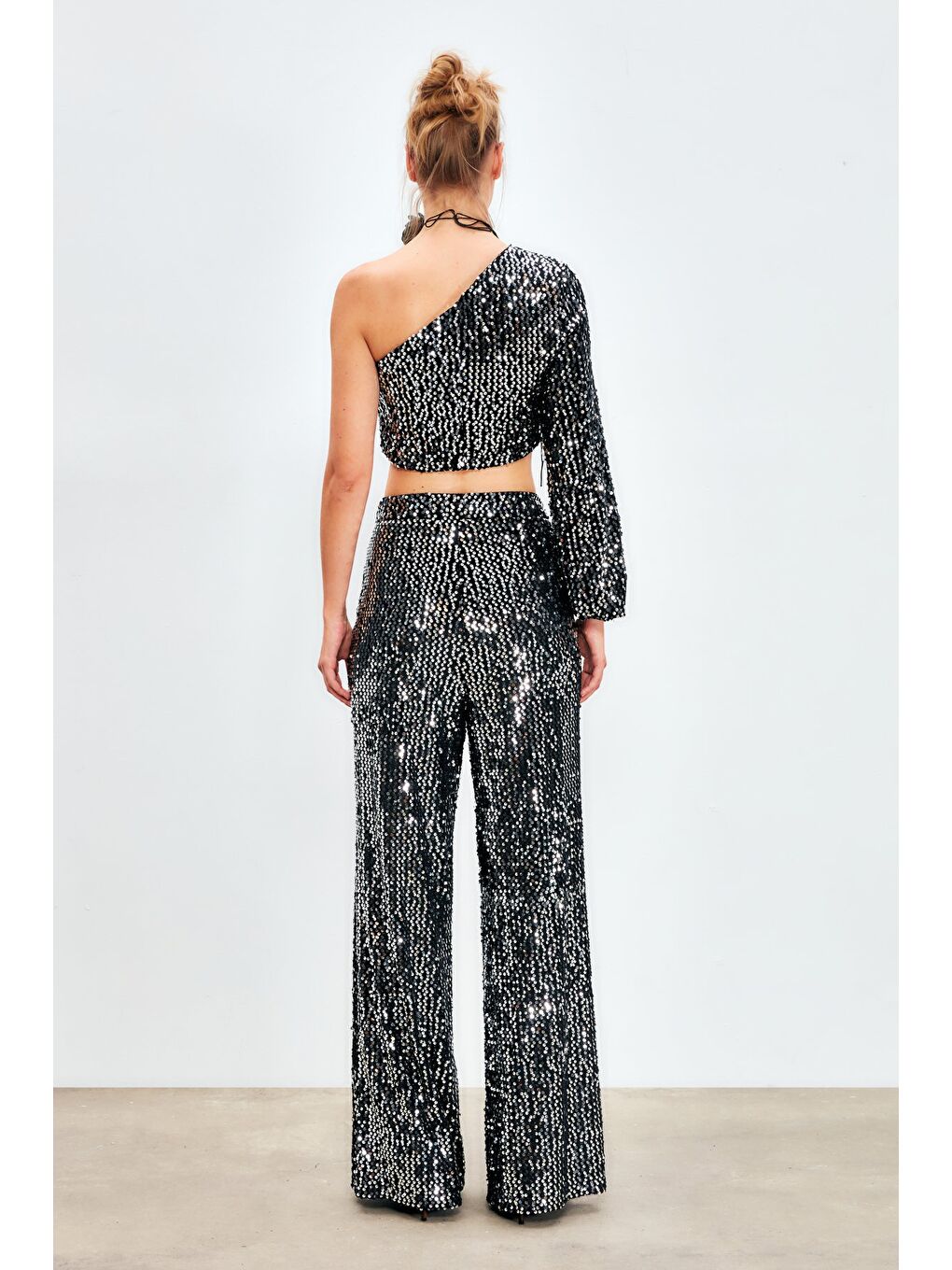 Gri Bol Paça Payetli Pantolon - Gümüş-7