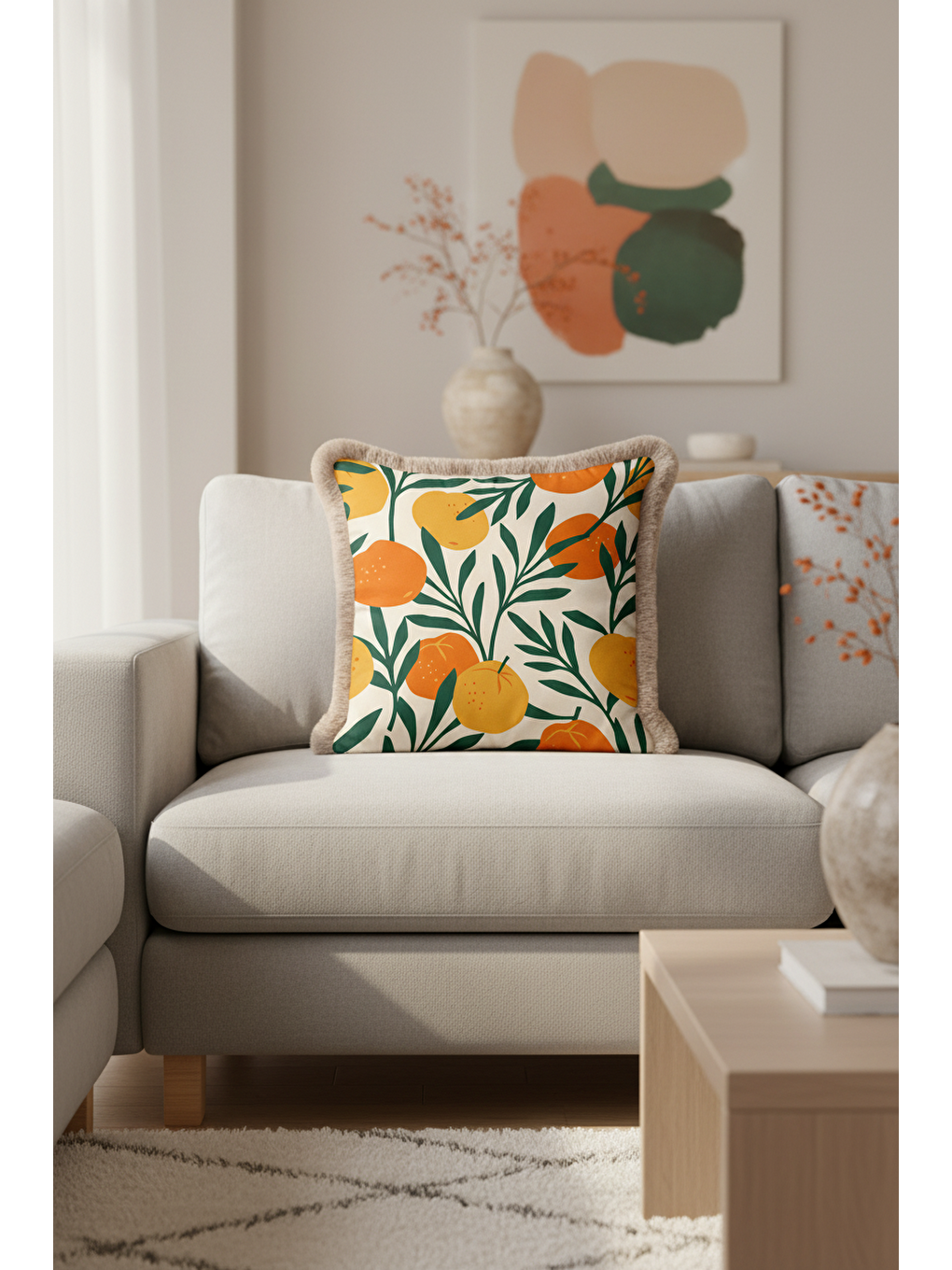 Karışık Tropikal Meyve Bahçesi Saçaklı Yastık Kılıfı - Akdeniz Bohem Turuncu Bej Püsküllü Kırlent Kılıfı-2