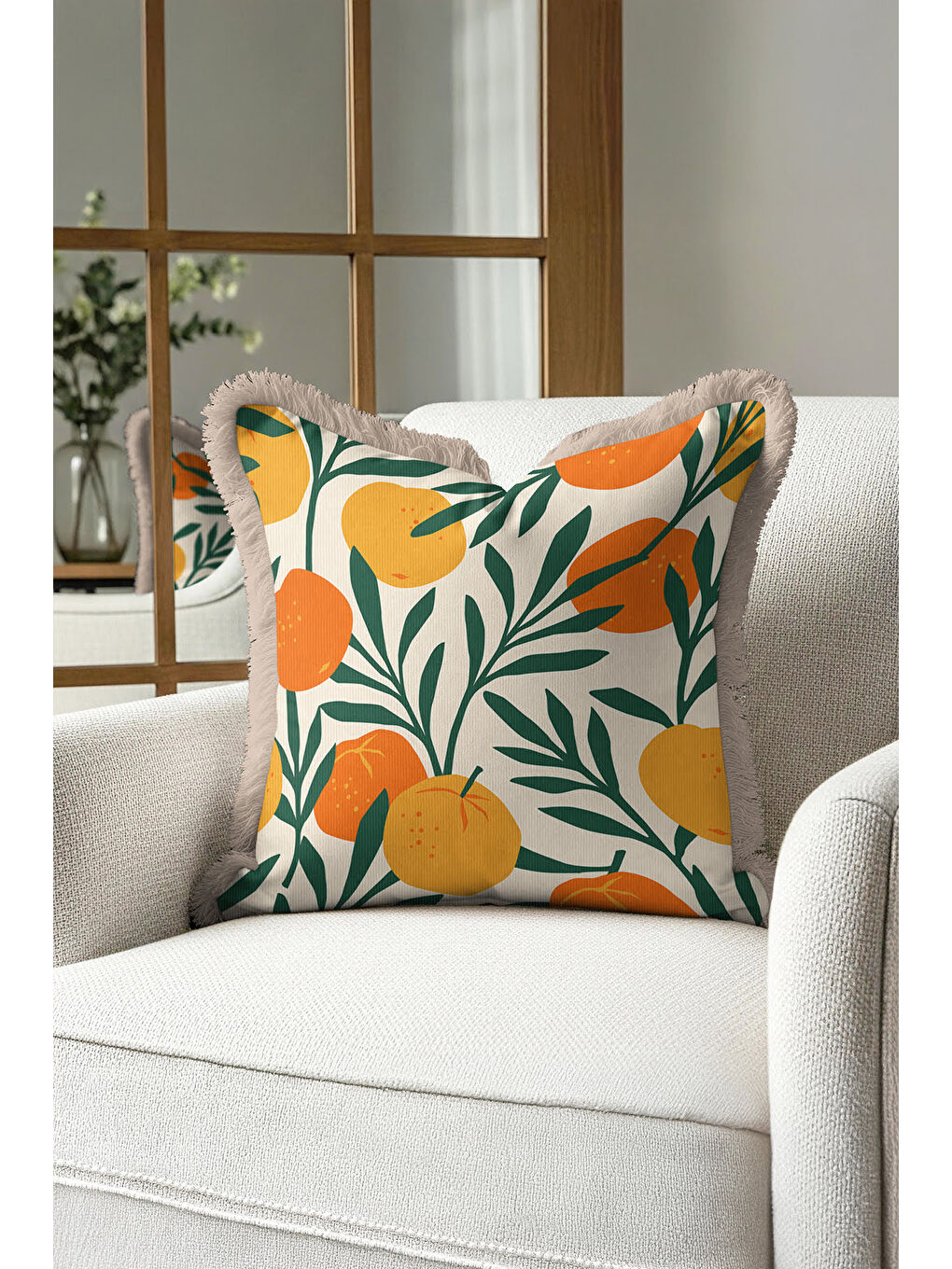 Karışık Tropikal Meyve Bahçesi Saçaklı Yastık Kılıfı - Akdeniz Bohem Turuncu Bej Püsküllü Kırlent Kılıfı-3