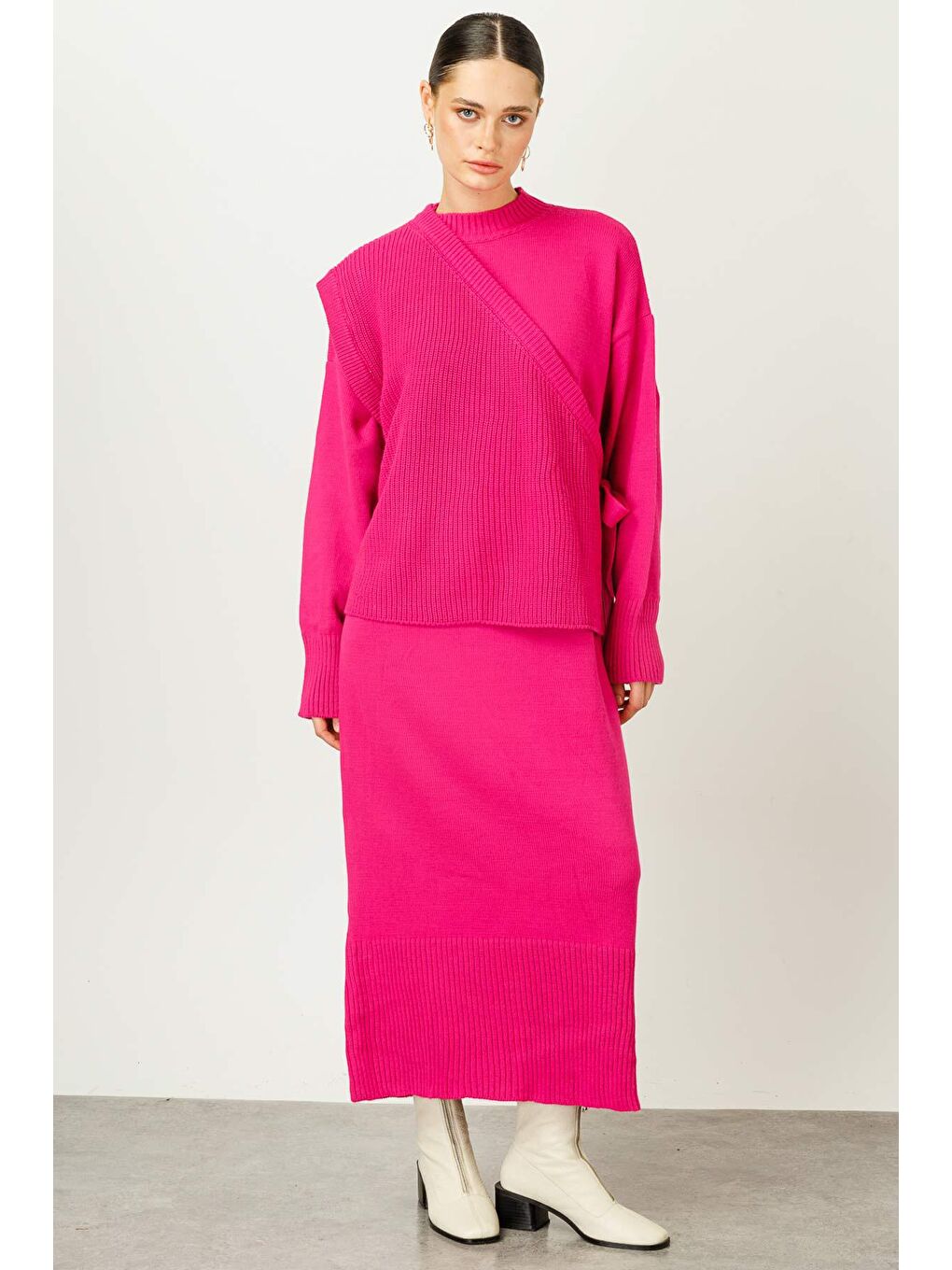 Anvelop Triko Elbise - Fuşya-1