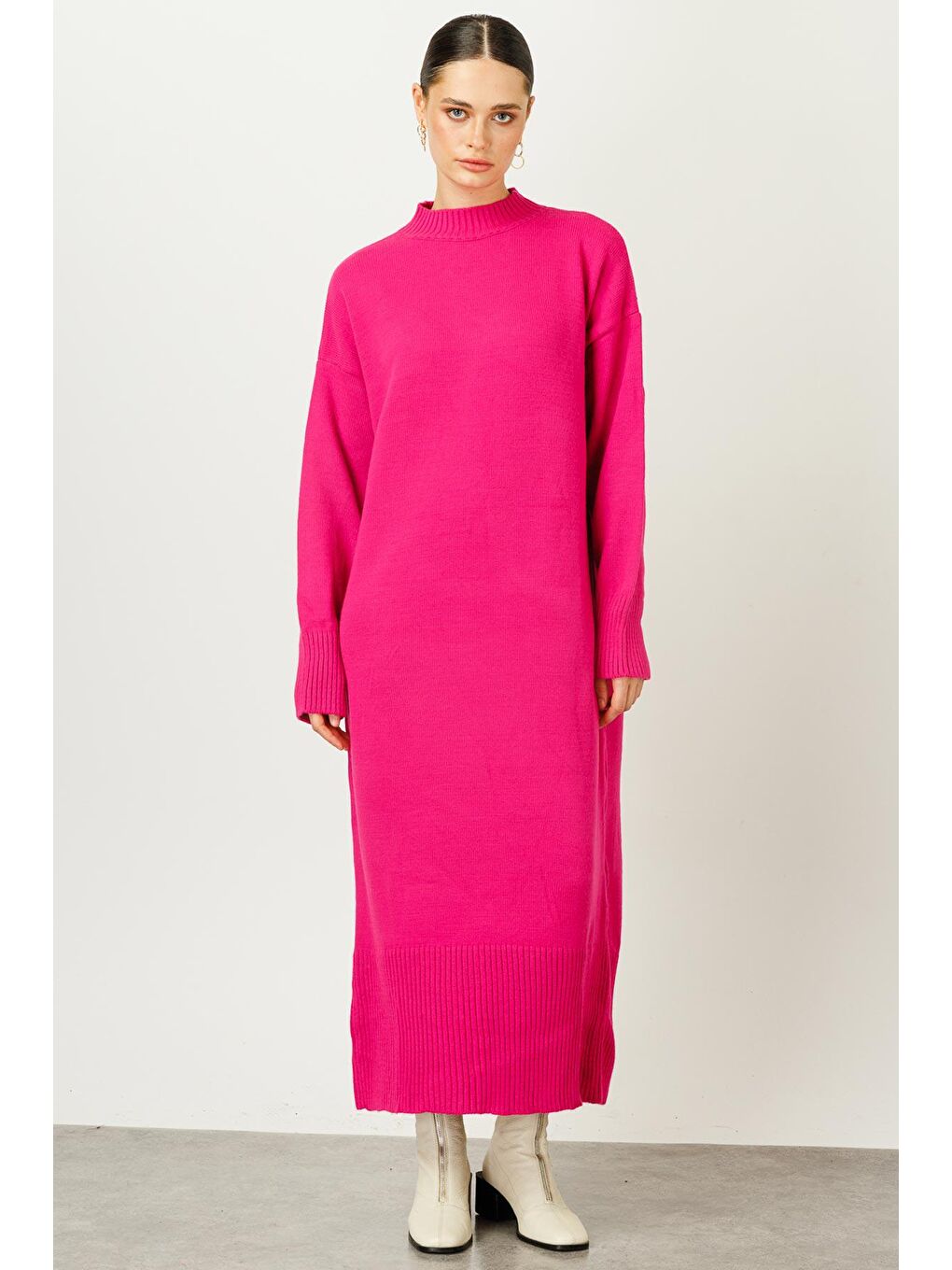 Anvelop Triko Elbise - Fuşya-2