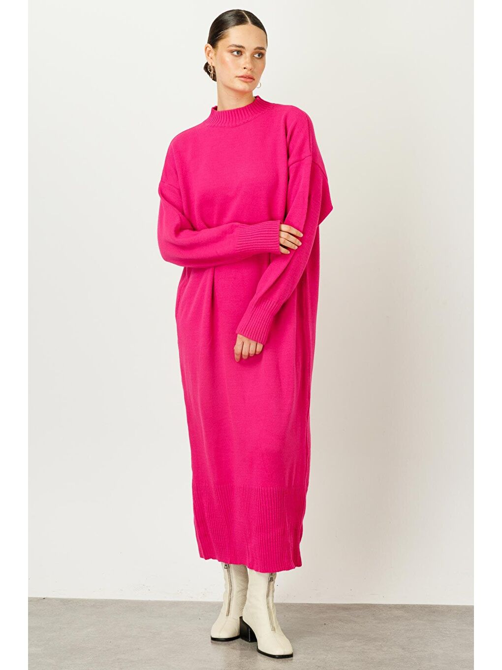 Anvelop Triko Elbise - Fuşya-3