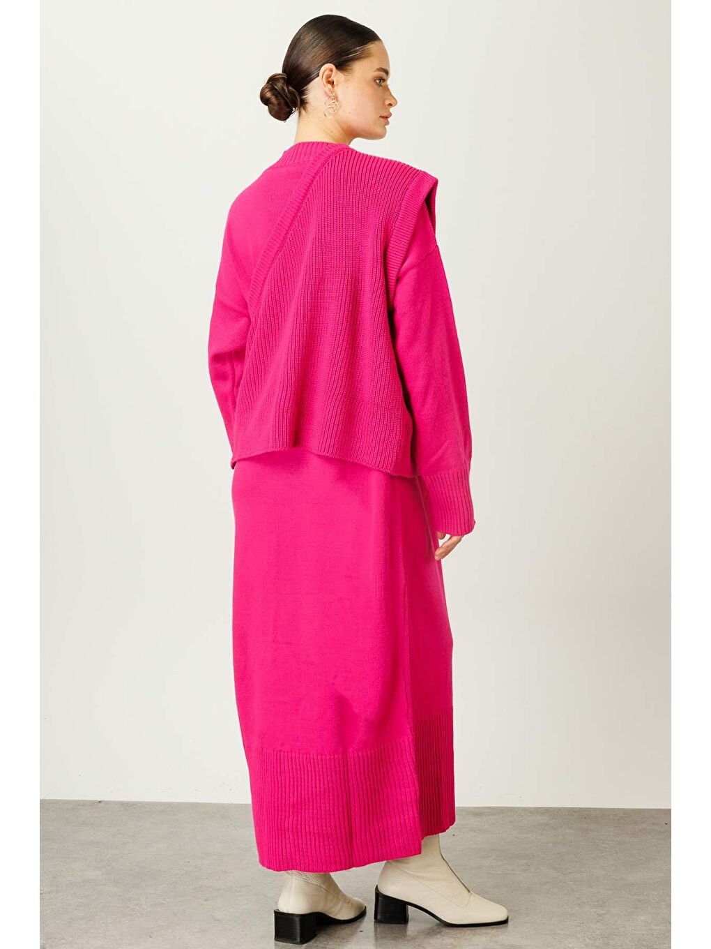 Anvelop Triko Elbise - Fuşya-4
