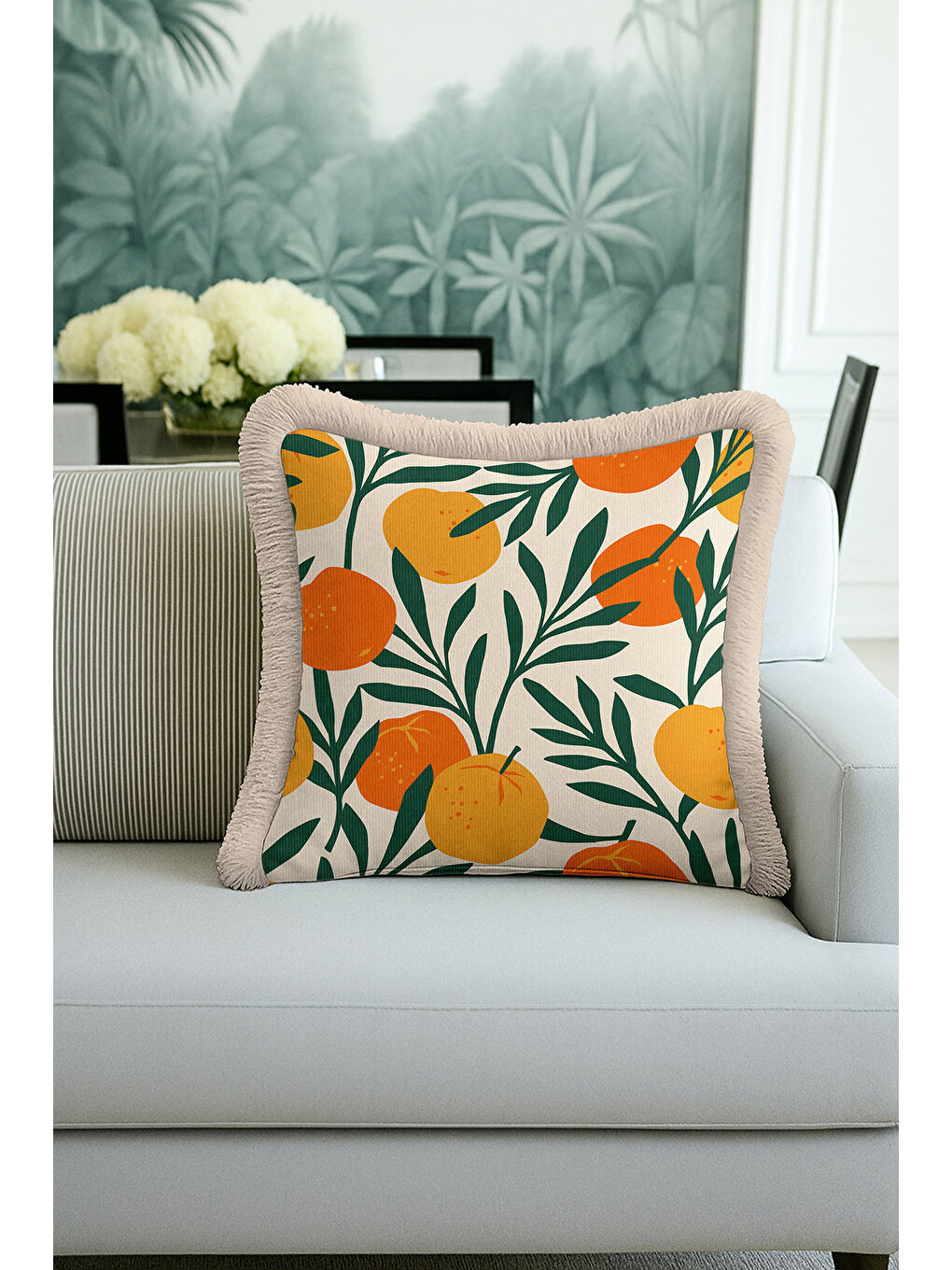 Karışık Tropikal Meyve Bahçesi Saçaklı Yastık Kılıfı - Akdeniz Bohem Turuncu Bej Püsküllü Kırlent Kılıfı-4