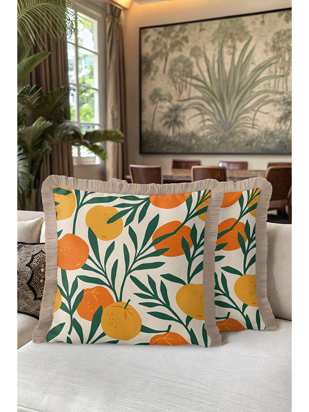 Karışık Tropikal Meyve Bahçesi Saçaklı Yastık Kılıfı - Akdeniz Bohem Turuncu Bej Püsküllü Kırlent Kılıfı-5