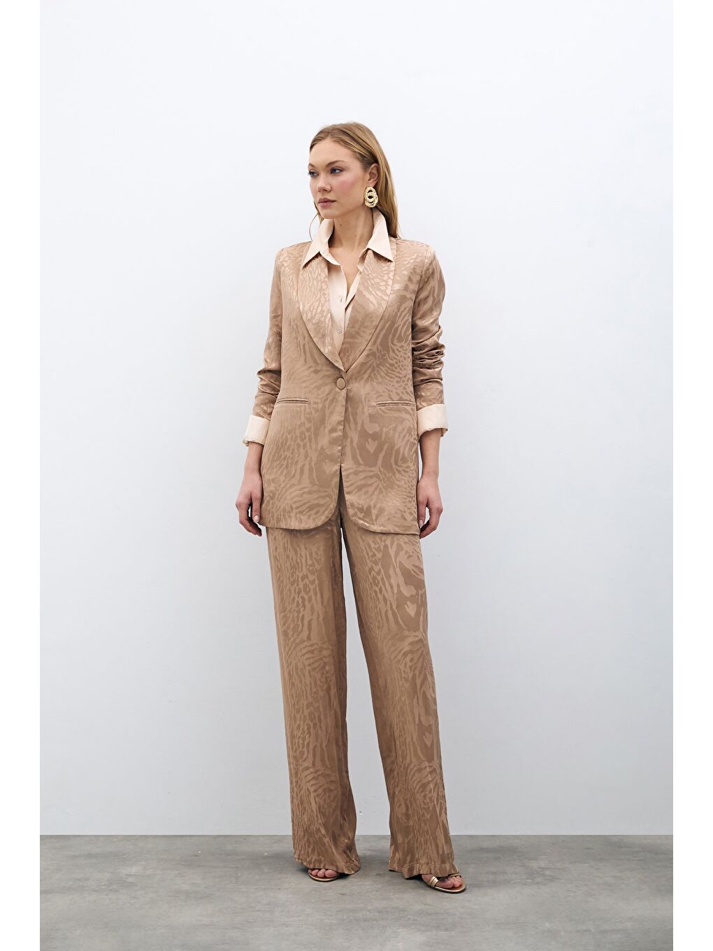 Bej Desenli Saten Pantolon - Vizon-2