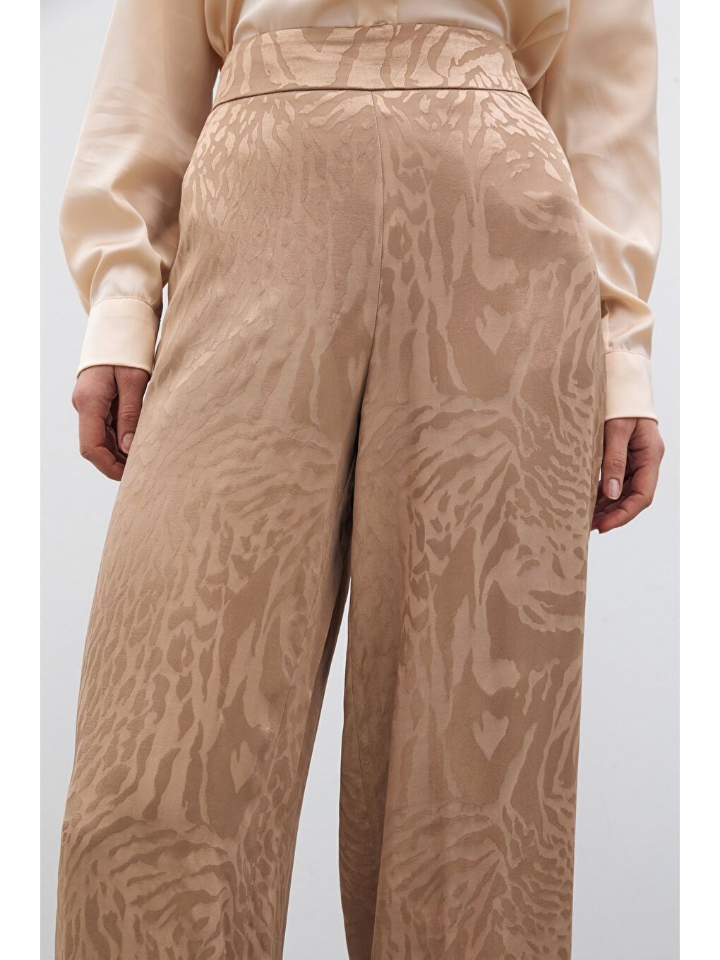 Bej Desenli Saten Pantolon - Vizon-3