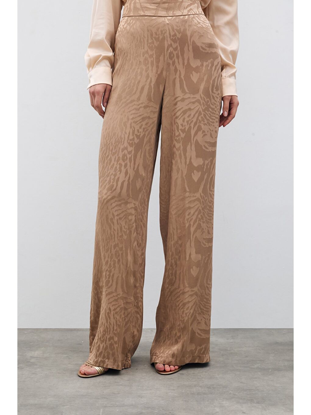 Bej Desenli Saten Pantolon - Vizon-4