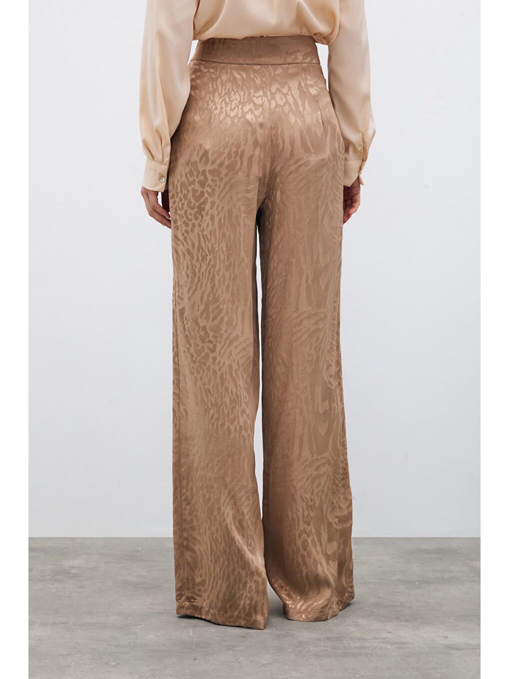 Bej Desenli Saten Pantolon - Vizon-5