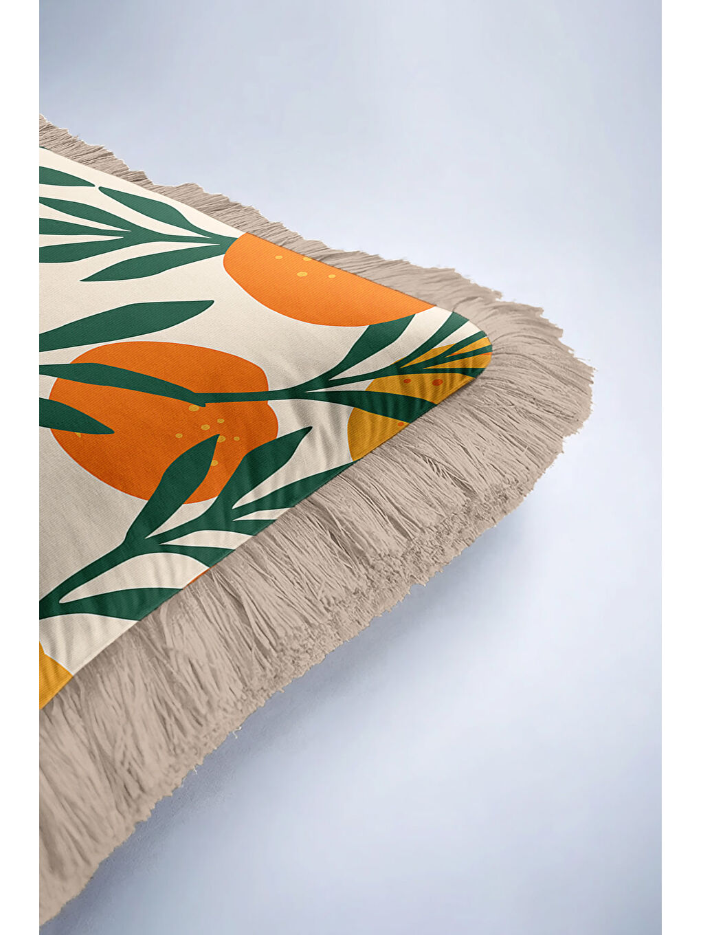 Karışık Tropikal Meyve Bahçesi Saçaklı Yastık Kılıfı - Akdeniz Bohem Turuncu Bej Püsküllü Kırlent Kılıfı-6