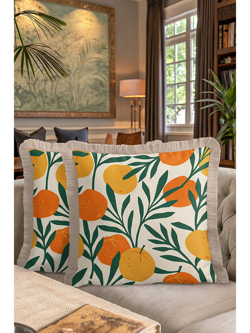 Karışık Tropikal Meyve Bahçesi Saçaklı Yastık Kılıfı - Akdeniz Bohem Turuncu Bej Püsküllü Kırlent Kılıfı-7