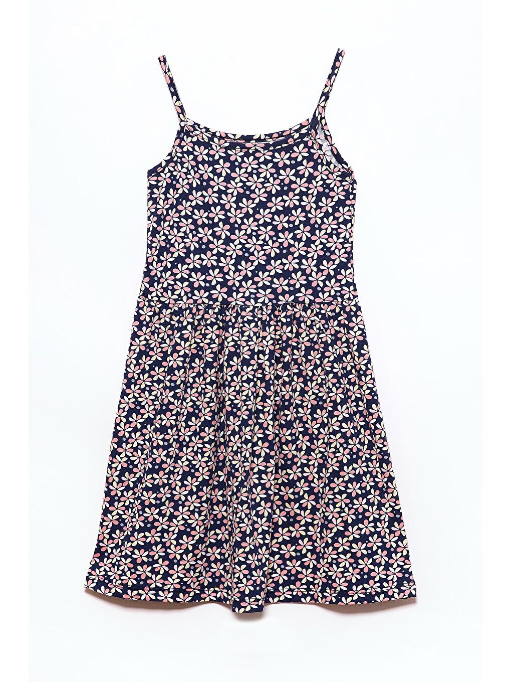 Karışık Çiçek Desenli Askılı Kız Çocuk Elbise-1
