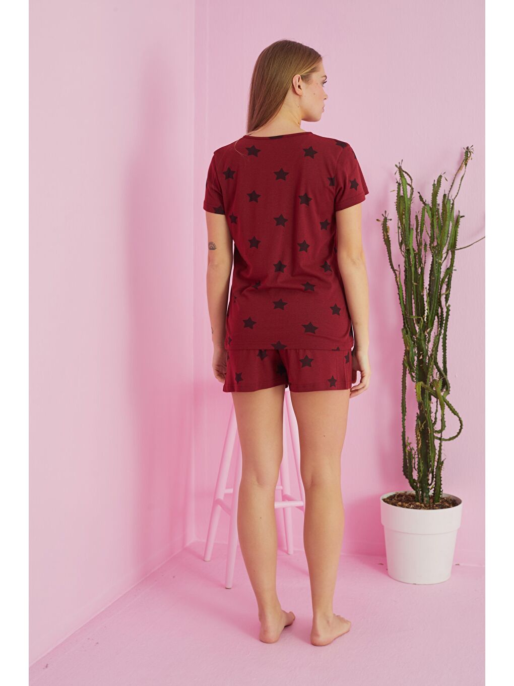 Bordo Yıldız Desenli Pamuklu Şort-Pijama Takım-1