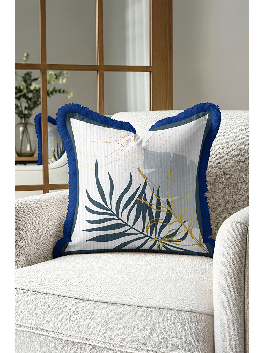 Karışık Tropikal Yaprak Altın Renkli Saçaklı Yastık Kılıfı - Modern Lacivert Püsküllü Kırlent Kılıfı-1