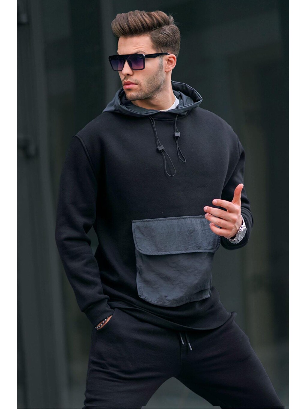 Siyah Kanguru Cep Kapüşonlu Erkek Sweatshirt 6138