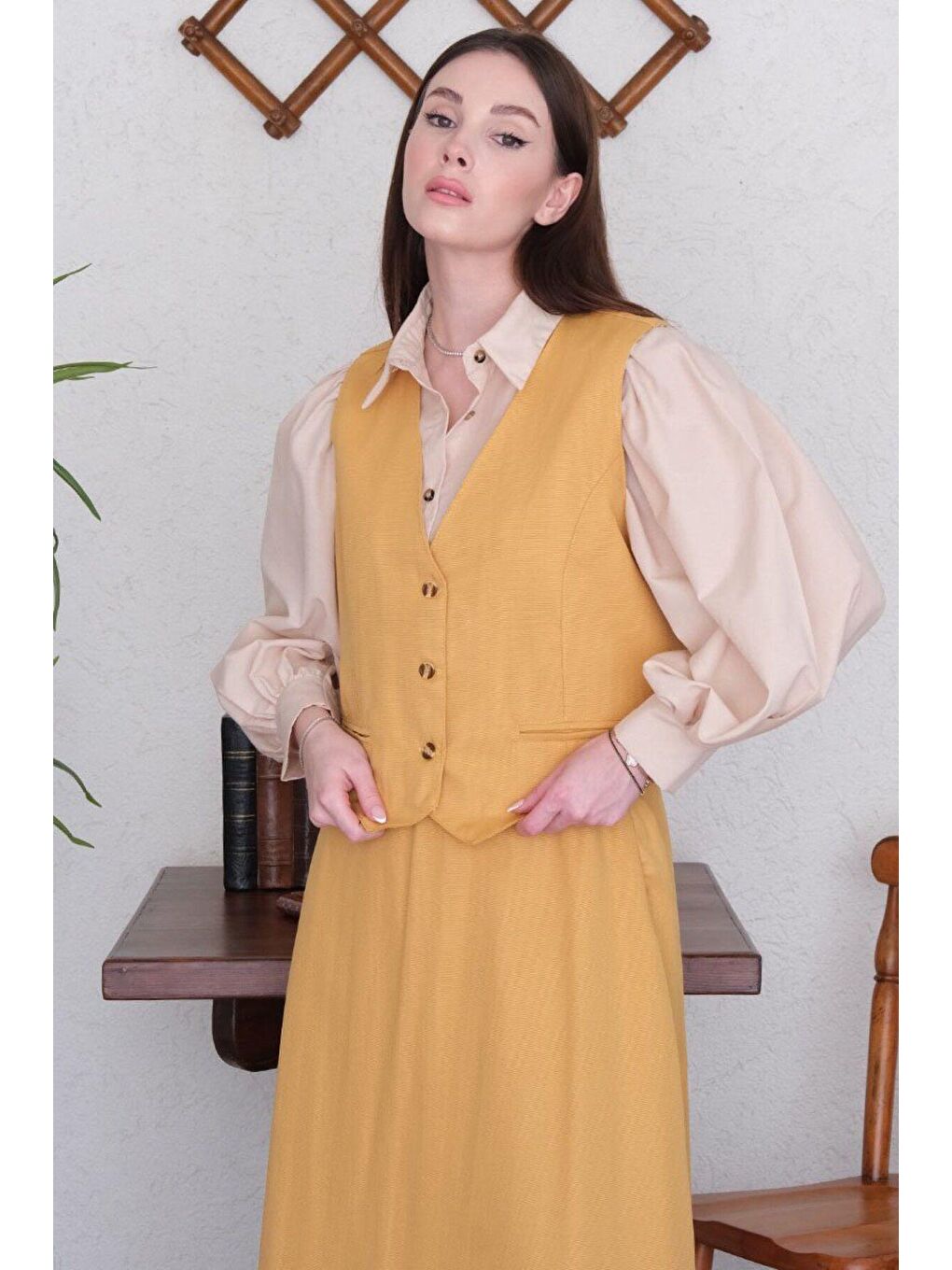 Kahverengi Camel Keten Görünümlü Yelek & Etek Takım-3