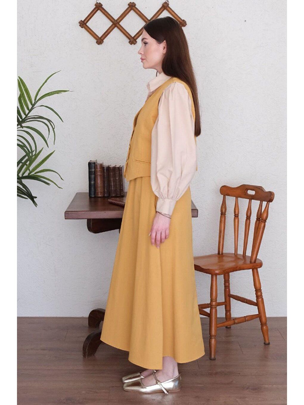 Kahverengi Camel Keten Görünümlü Yelek & Etek Takım-6