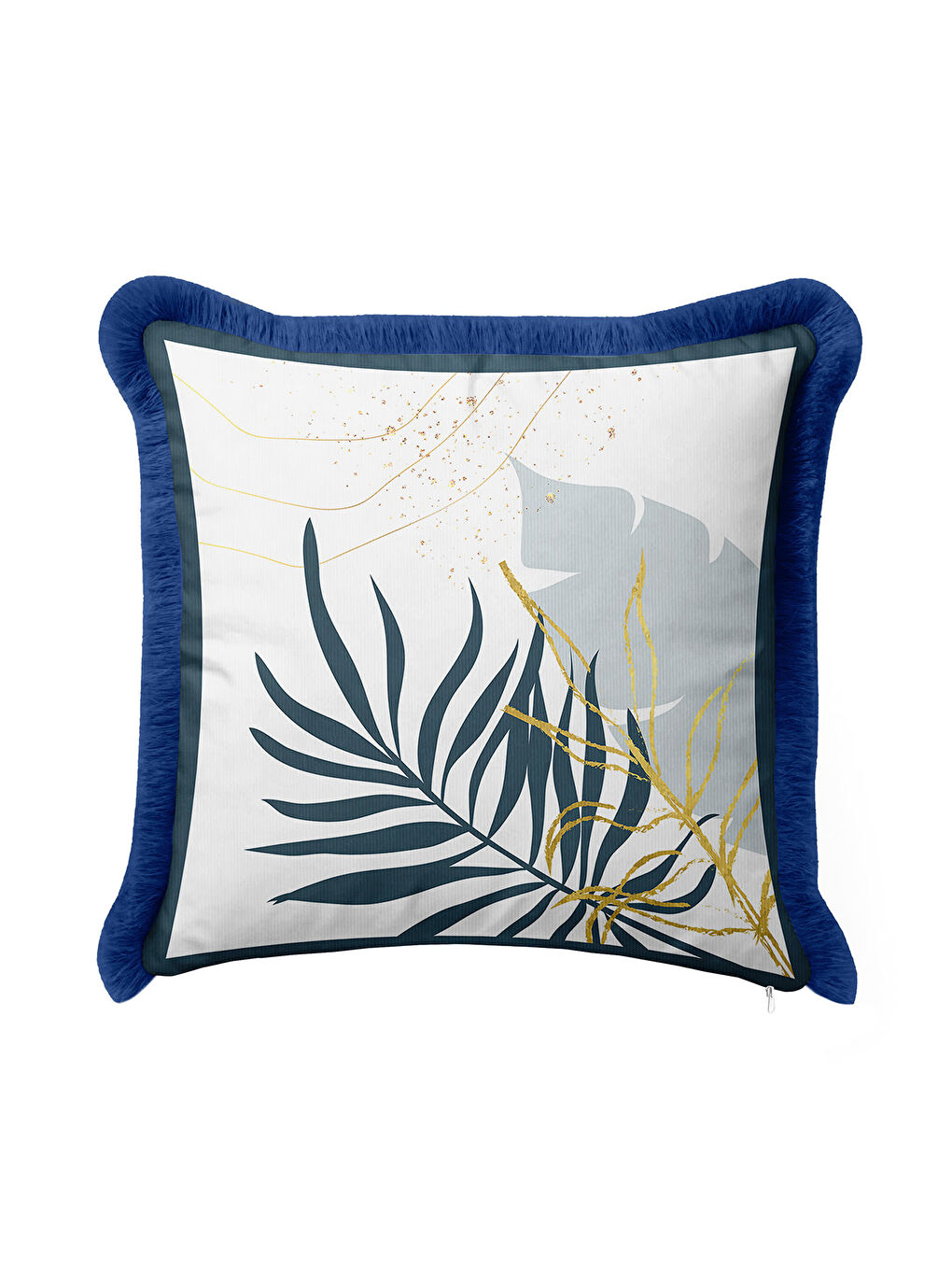 Karışık Tropikal Yaprak Altın Renkli Saçaklı Yastık Kılıfı - Modern Lacivert Püsküllü Kırlent Kılıfı-3