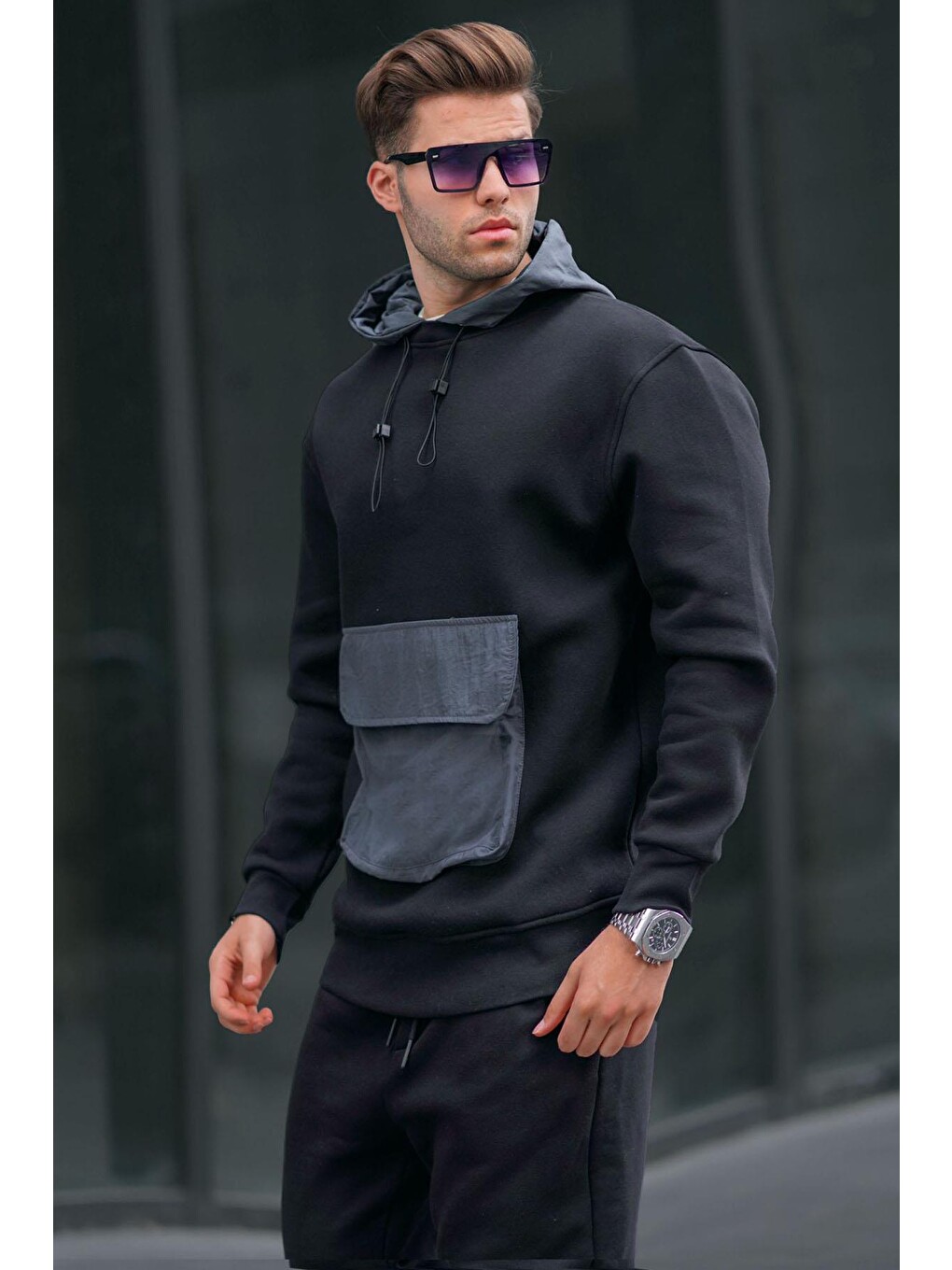 Siyah Kanguru Cep Kapüşonlu Erkek Sweatshirt 6138-1