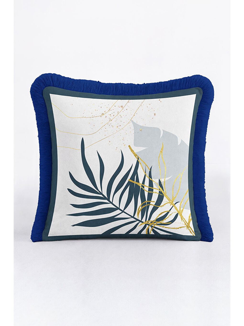 Karışık Tropikal Yaprak Altın Renkli Saçaklı Yastık Kılıfı - Modern Lacivert Püsküllü Kırlent Kılıfı-4
