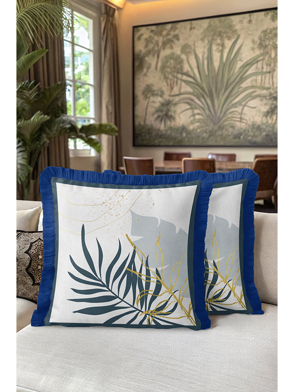 Karışık Tropikal Yaprak Altın Renkli Saçaklı Yastık Kılıfı - Modern Lacivert Püsküllü Kırlent Kılıfı-5