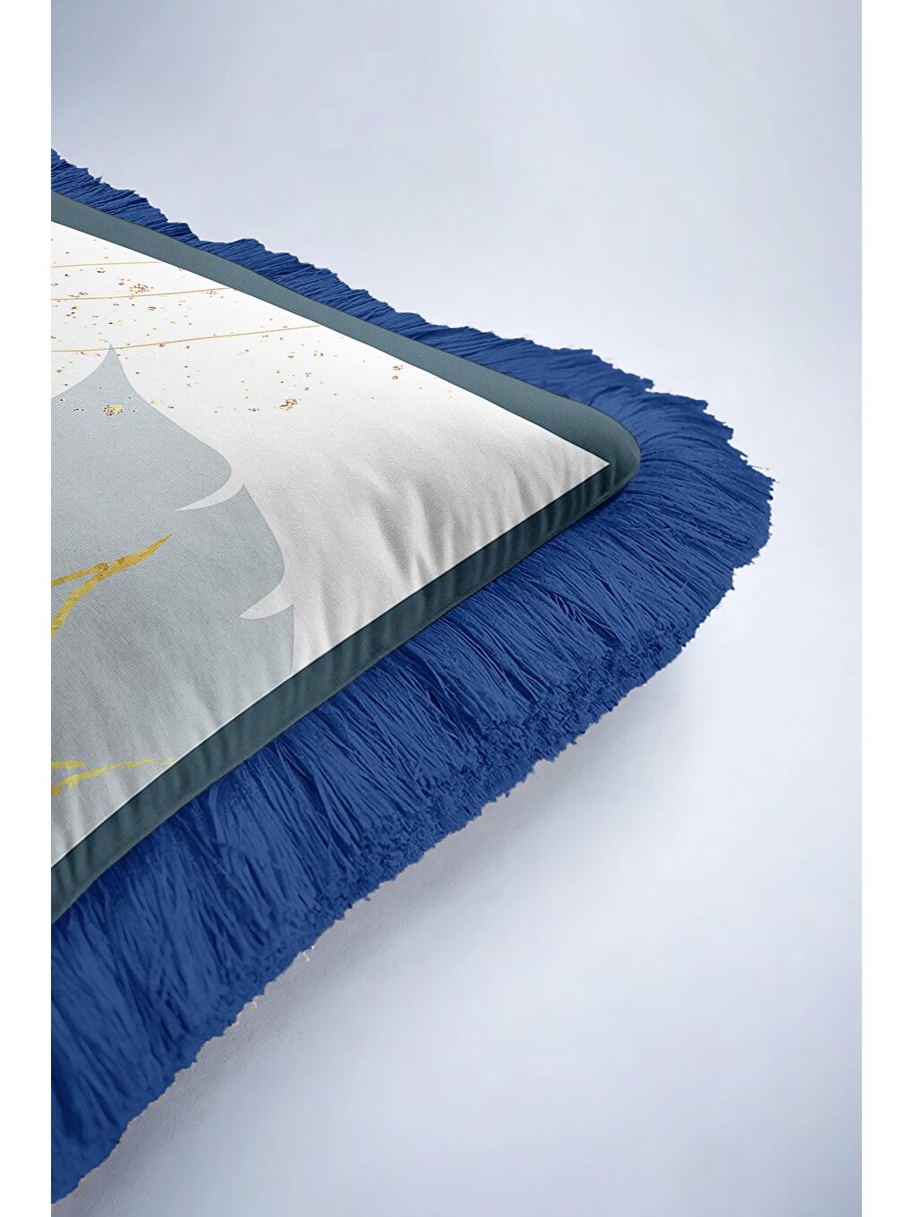 Karışık Tropikal Yaprak Altın Renkli Saçaklı Yastık Kılıfı - Modern Lacivert Püsküllü Kırlent Kılıfı-6