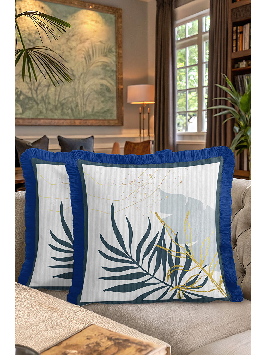Karışık Tropikal Yaprak Altın Renkli Saçaklı Yastık Kılıfı - Modern Lacivert Püsküllü Kırlent Kılıfı-7