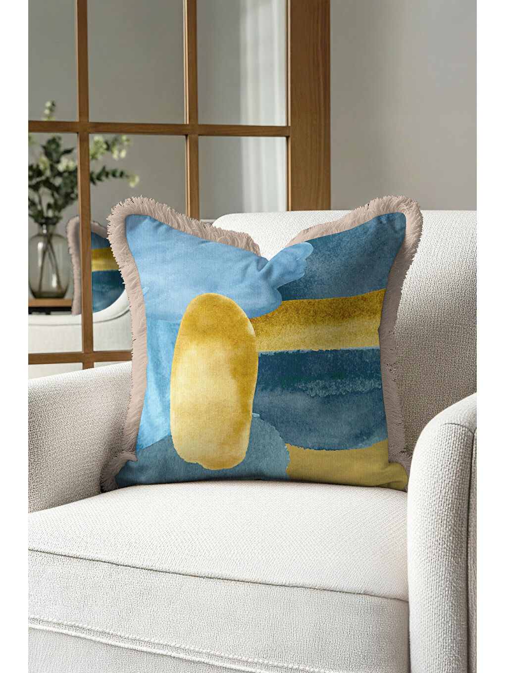 Karışık Lüks Soyut Sanat Saçaklı Yastık Kılıfı - Modern Akua Altın Renkli Püsküllü Kırlent Kılıfı-1