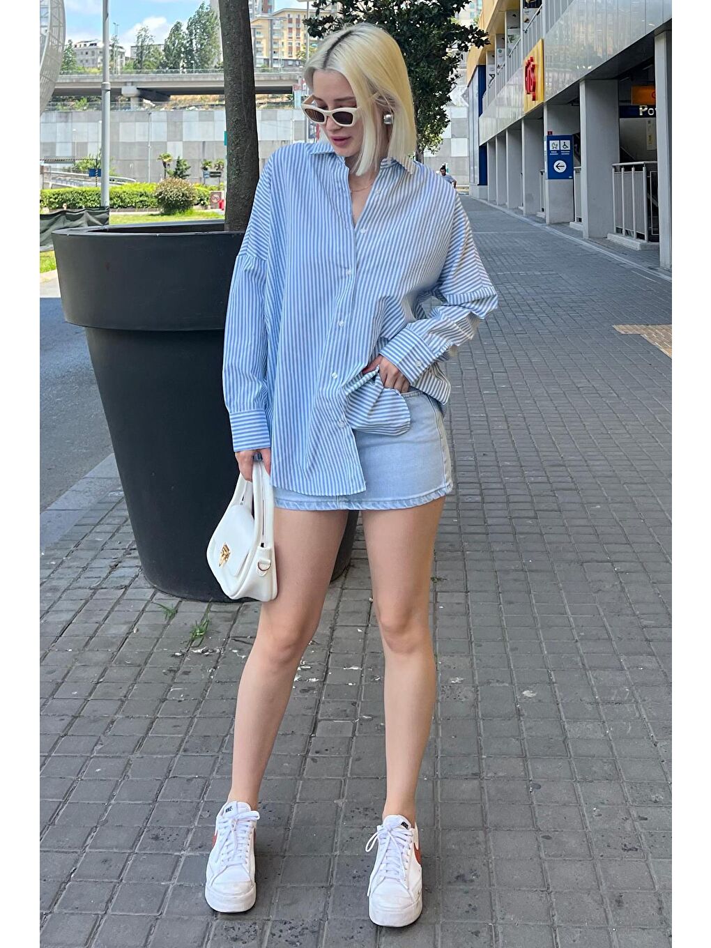 Mavi Çizgili Over Fit Gömlek Mg1525-3