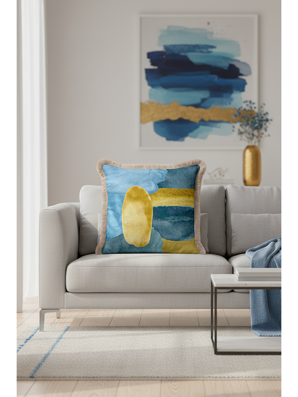 Karışık Lüks Soyut Sanat Saçaklı Yastık Kılıfı - Modern Akua Altın Renkli Püsküllü Kırlent Kılıfı-4