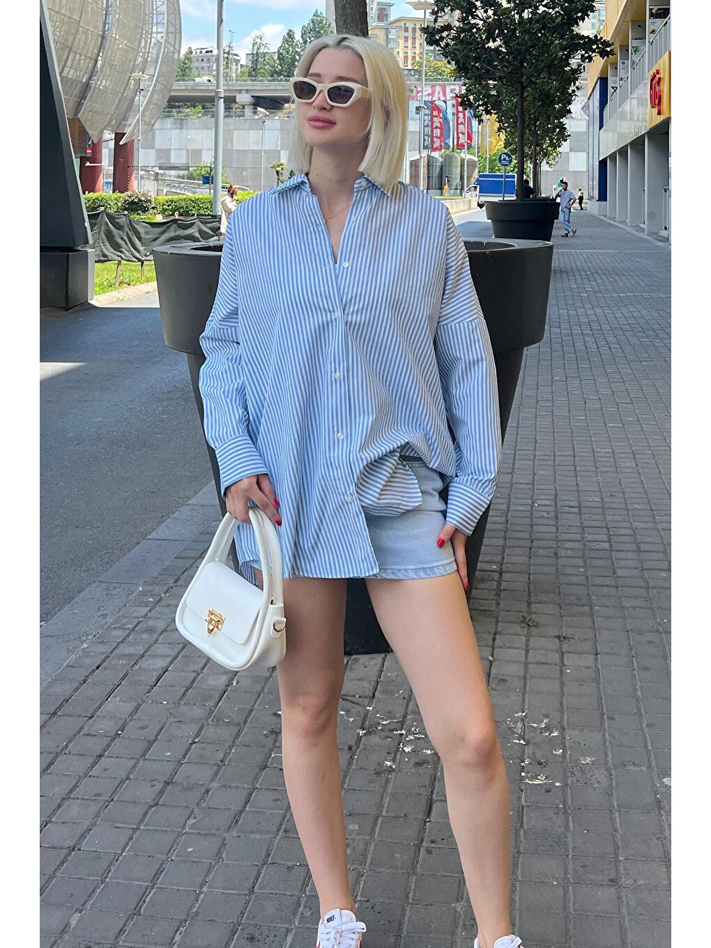 Mavi Çizgili Over Fit Gömlek Mg1525-5