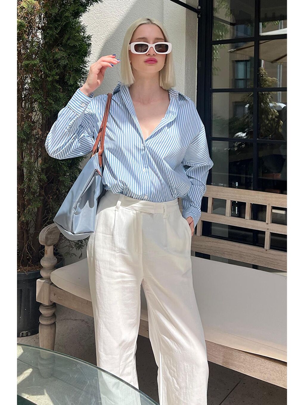 Mavi Çizgili Over Fit Gömlek Mg1525-7