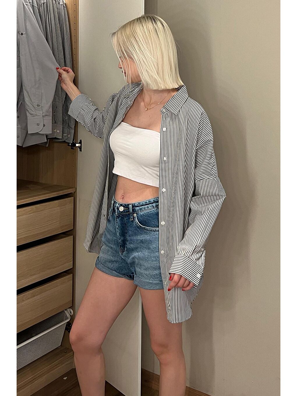 Siyah Çizgili Over Fit Gömlek Mg1525-1