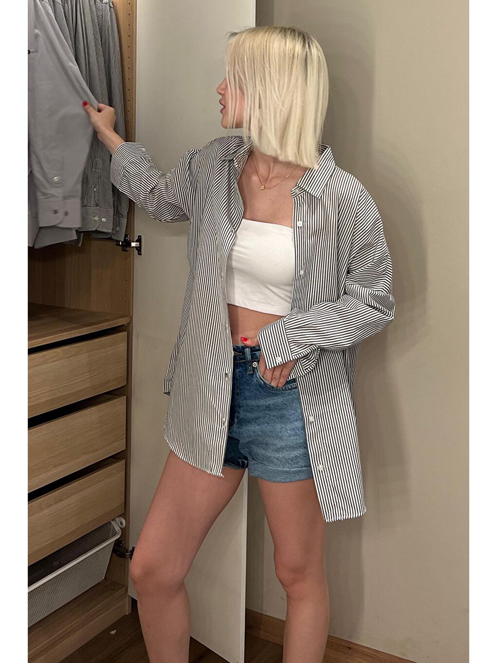 Siyah Çizgili Over Fit Gömlek Mg1525-2