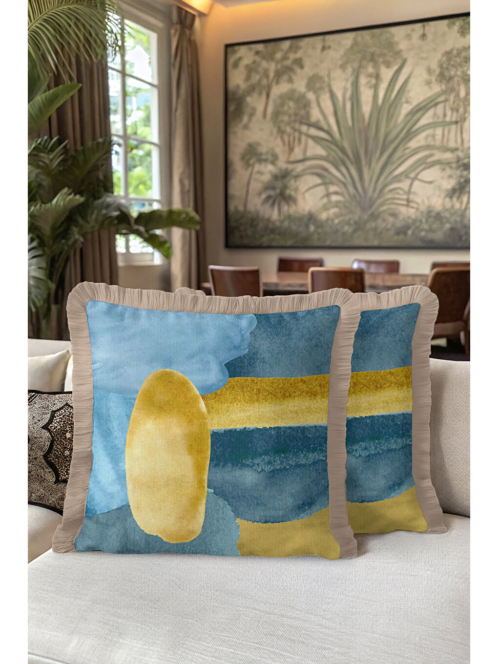 Karışık Lüks Soyut Sanat Saçaklı Yastık Kılıfı - Modern Akua Altın Renkli Püsküllü Kırlent Kılıfı-5