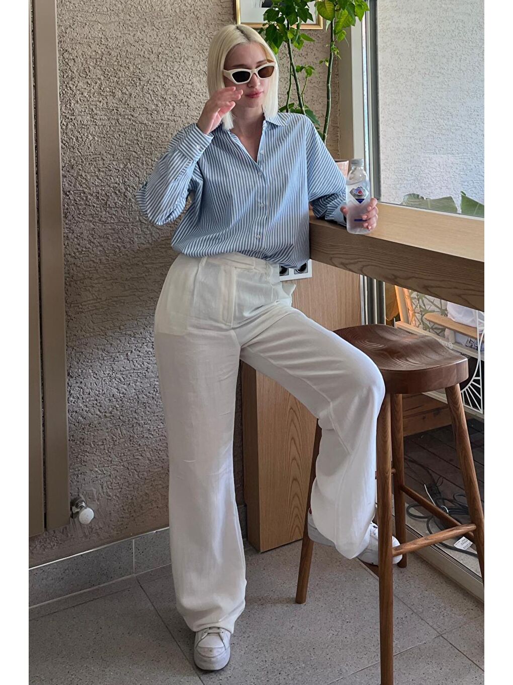 Turkuaz Çizgili Over Fit Gömlek Mg1525