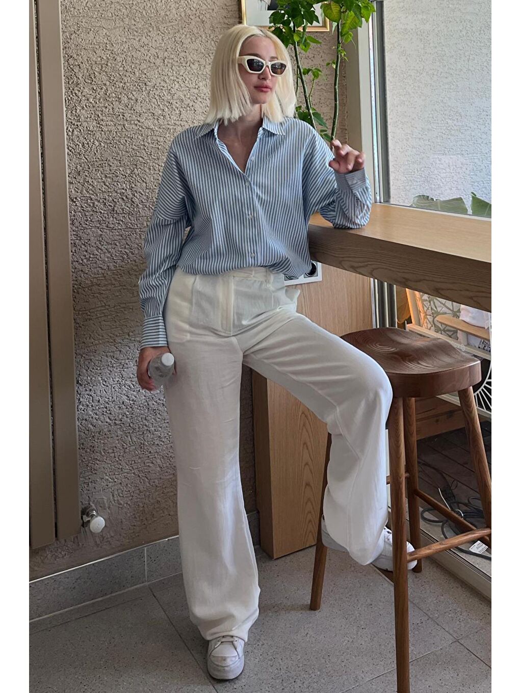 Turkuaz Çizgili Over Fit Gömlek Mg1525-1