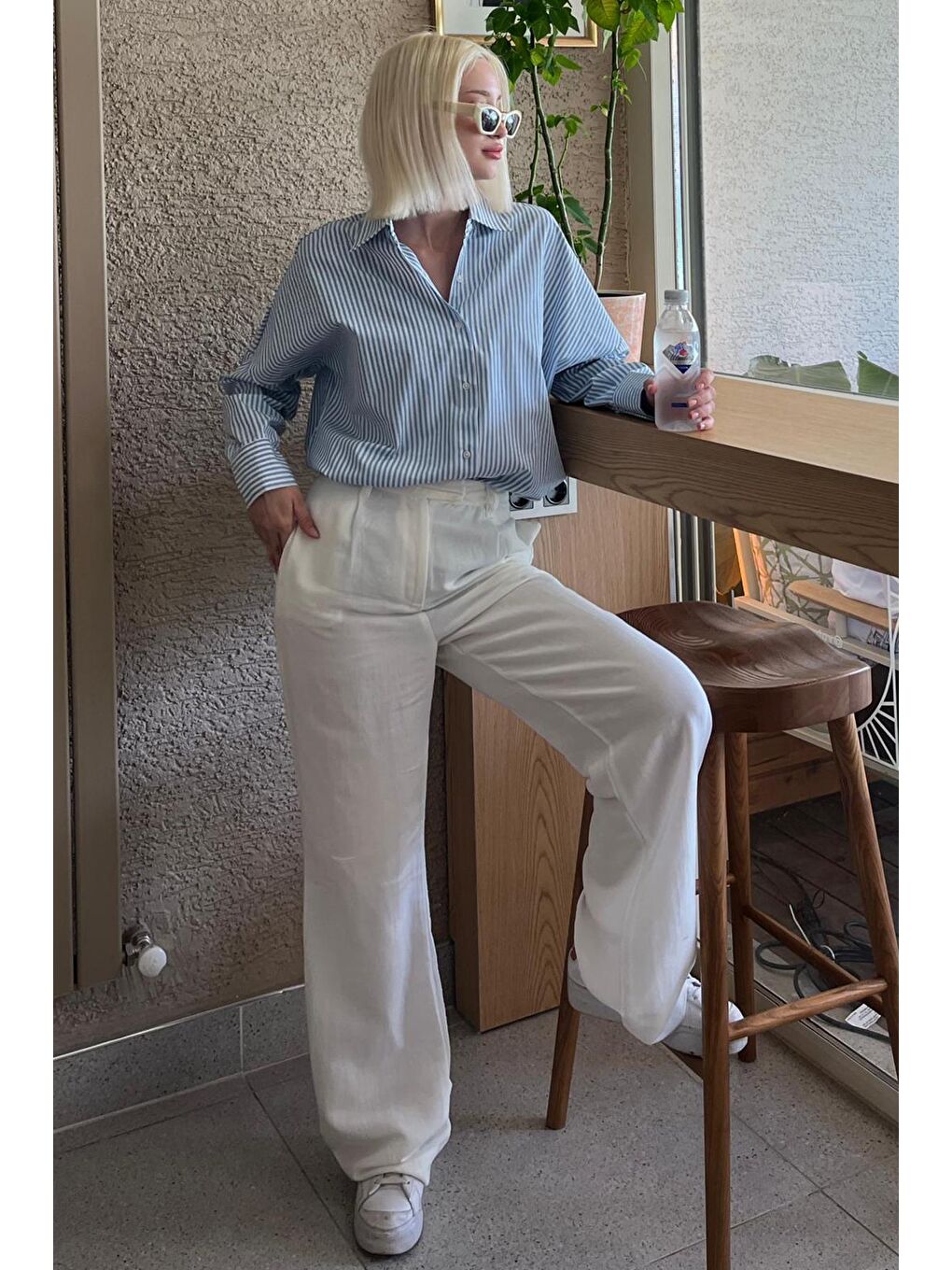 Turkuaz Çizgili Over Fit Gömlek Mg1525-2