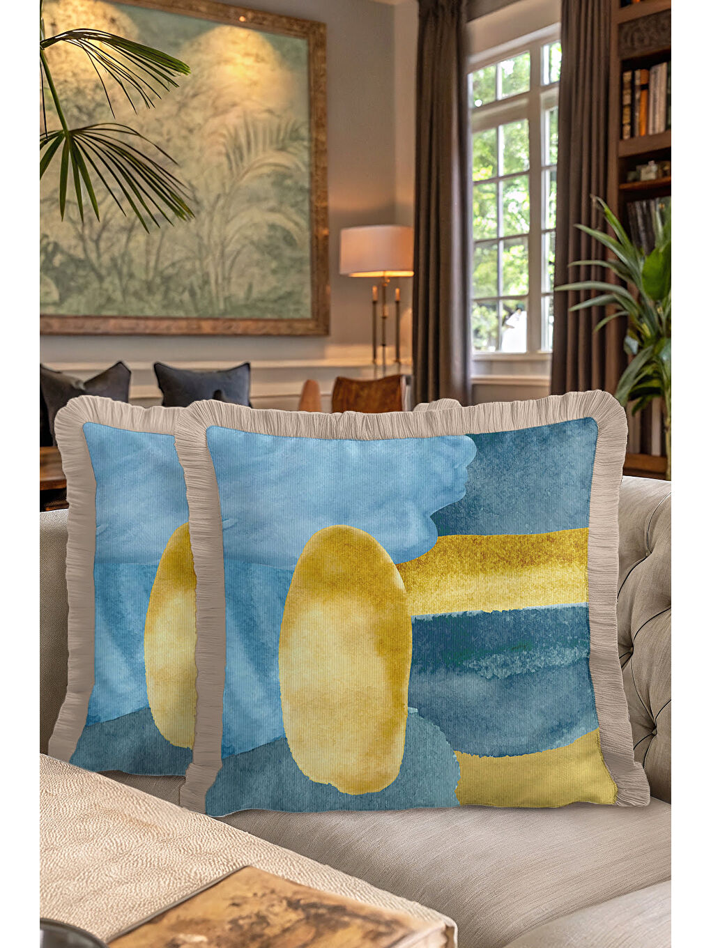 Karışık Lüks Soyut Sanat Saçaklı Yastık Kılıfı - Modern Akua Altın Renkli Püsküllü Kırlent Kılıfı-7