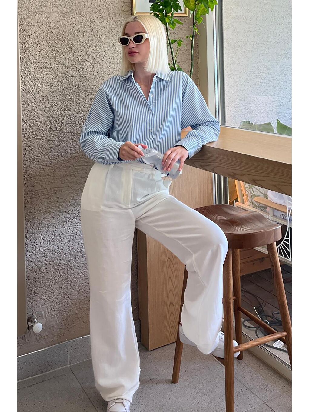 Turkuaz Çizgili Over Fit Gömlek Mg1525-3